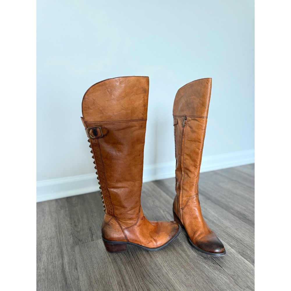 Vince Camuto Women's Cognac Leather Knee High Riding Boots Studded Buckle 8 1/2